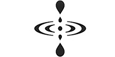 Black water droplets creating ripple effects on a white background.