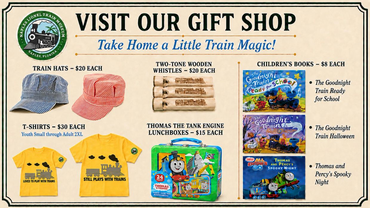 Gift shop advertisement for train-themed merchandise.
