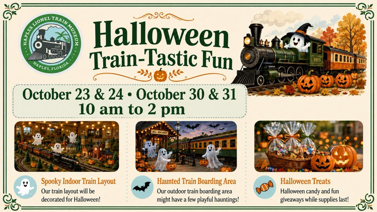 Halloween event at Naples Lionel Train Museum with spooky train layout and treats.