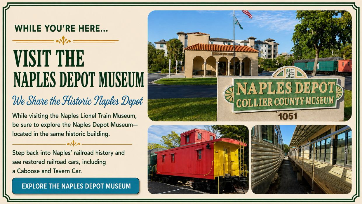 Promotional flyer for the Naples Depot Museum with photos of historic train cars and the museum building.
