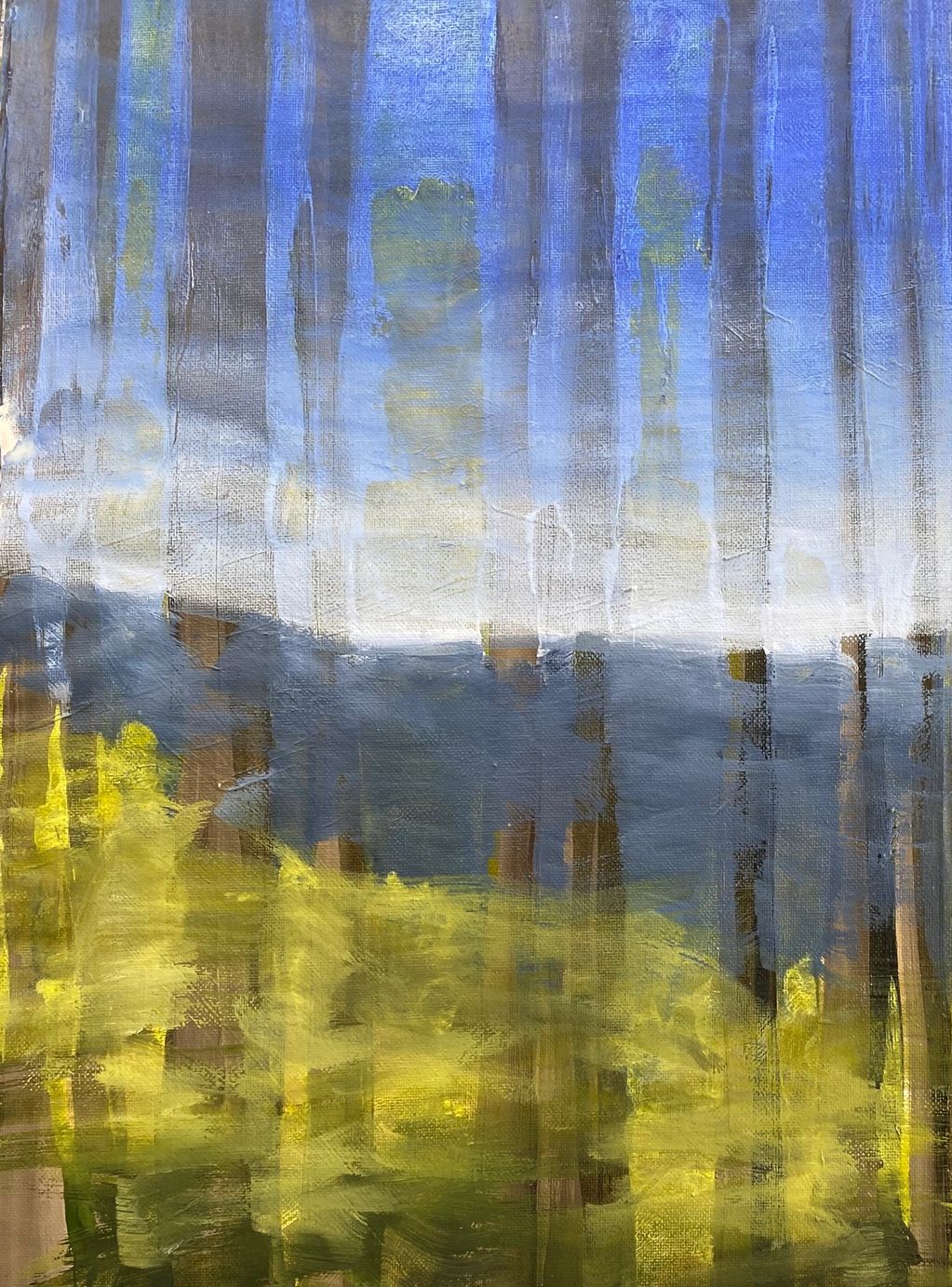 Abstract painting of a forest with blue sky and yellow foliage.