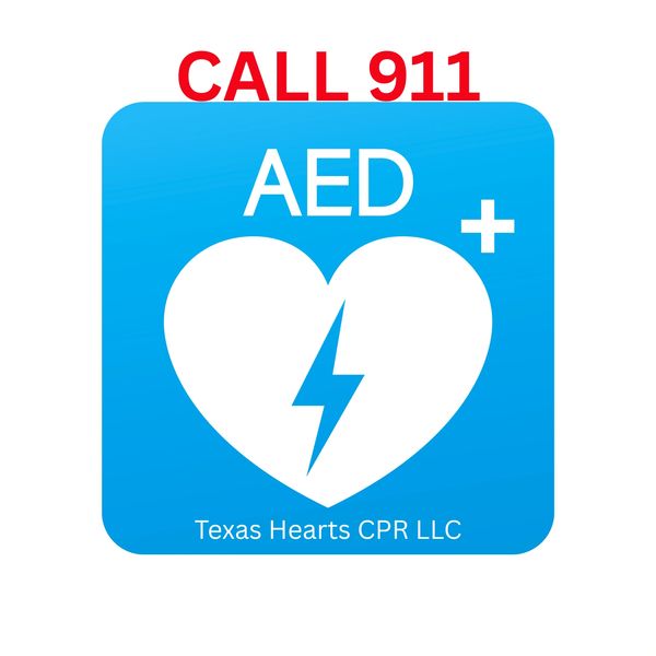 AED sign with heart and lightning bolt, urging to call 911 in emergencies. AED cabinet decal.