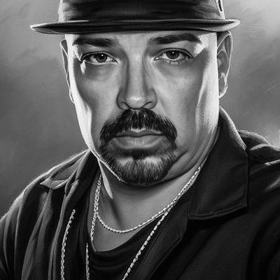 Black and white portrait of a man with a goatee and hat.