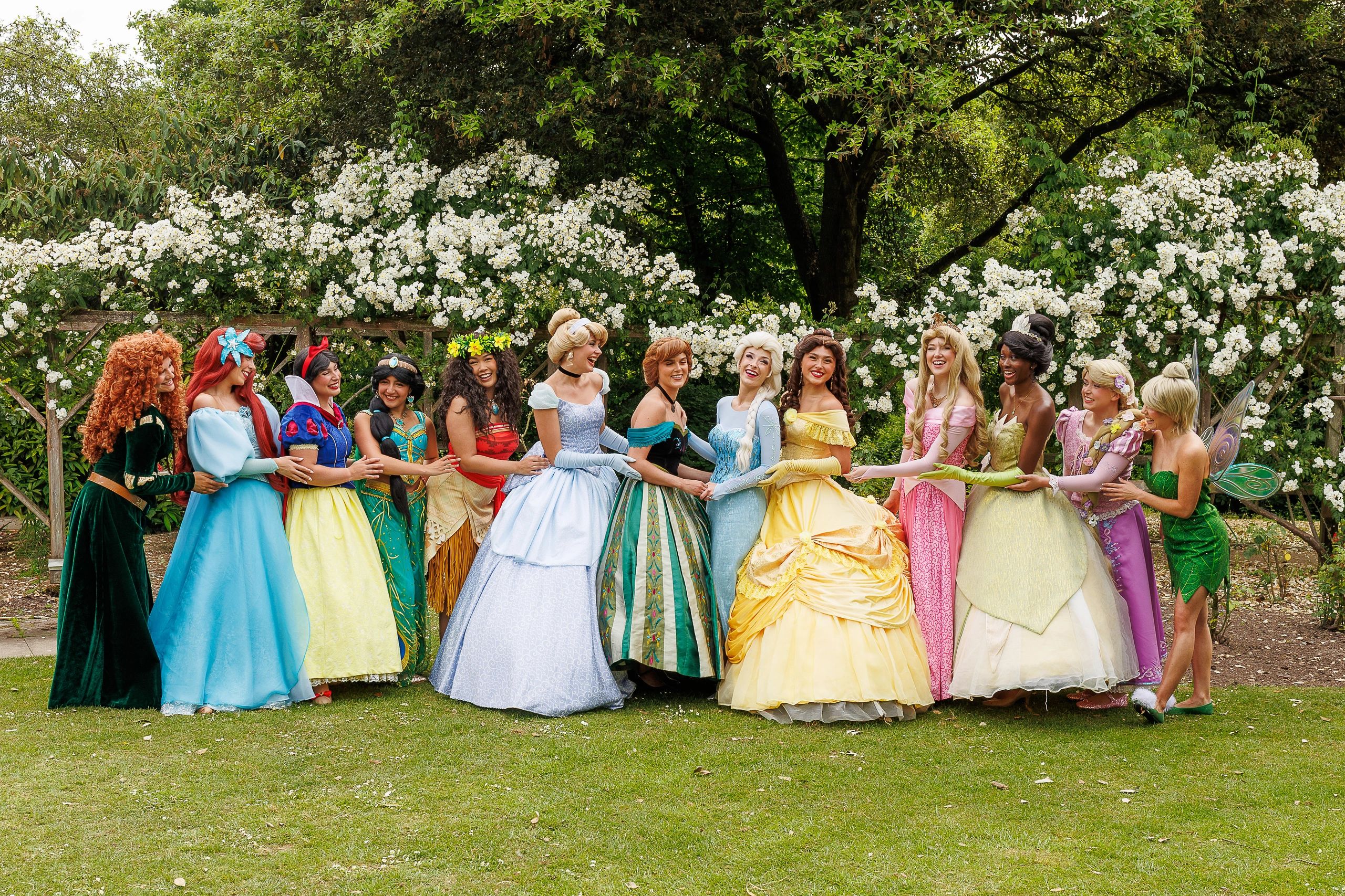 A group of women dressed as Disney princesses and fairies holding hands outdoors.