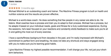 Google testimonial about Machine Fitness.