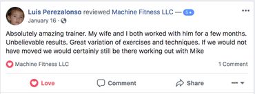 Facebook testimonial about Machine Fitness.
