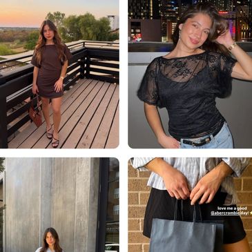Four photos of a woman in different outfits and poses.