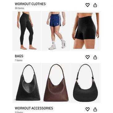 Workout clothes, bags, and accessories display.