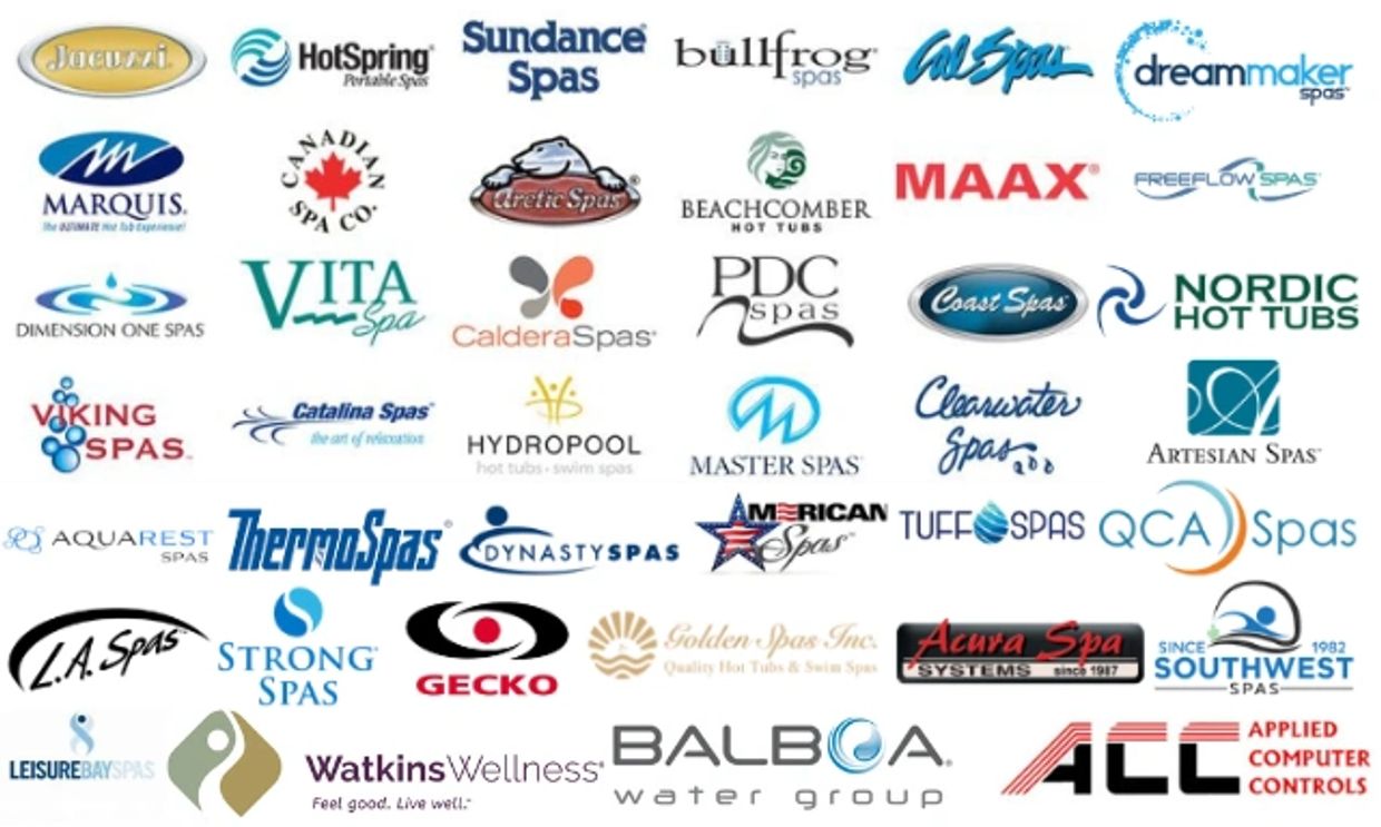 Hot Tub Brand logos including Jacuzzi Hotspring Sundance Bullfrog Cal Spas Dreammaker Marquis Balboa