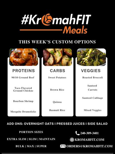 Custom weekly meal options from KromahFIT with proteins, carbs, and veggies.