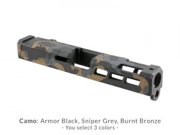 camo pattern glock slide with black, sniper grey, burnt bronze color scheme
