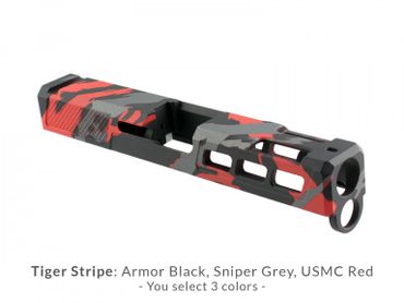 Tiger Stripe pattern glock slide with black, sniper grey, USMC red color scheme