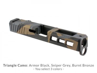 triango camo glock slide with black, grey and burnt bronze color scheme