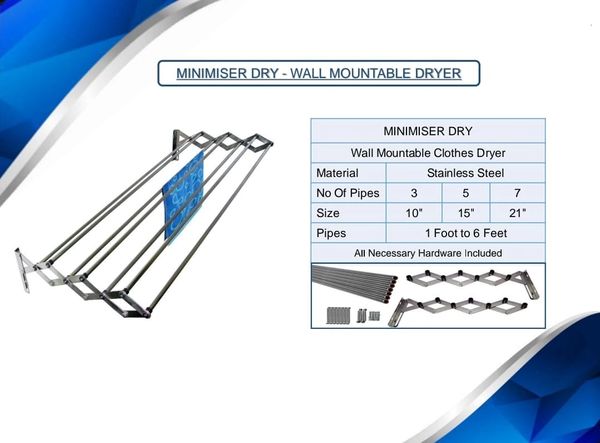 Wall mountable stainless steel clothes dryer with 3, 5, or 7 pipes of varying lengths.
