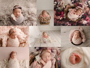 newborn girl with pink and flowers 
