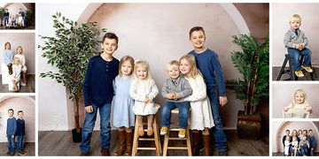 in studio extended family session with curved wall and plants 