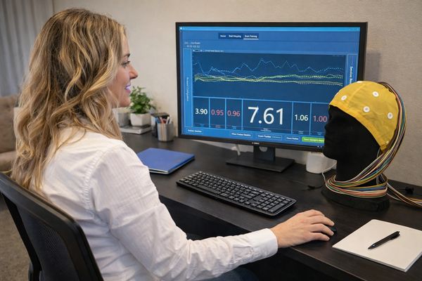 A woman analyzes brainwave data on a computer with an EEG cap on a mannequin head.