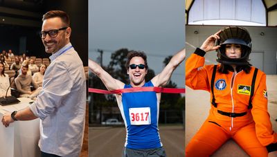 A teacher, a marathon winner, and an astronaut in their respective environments.