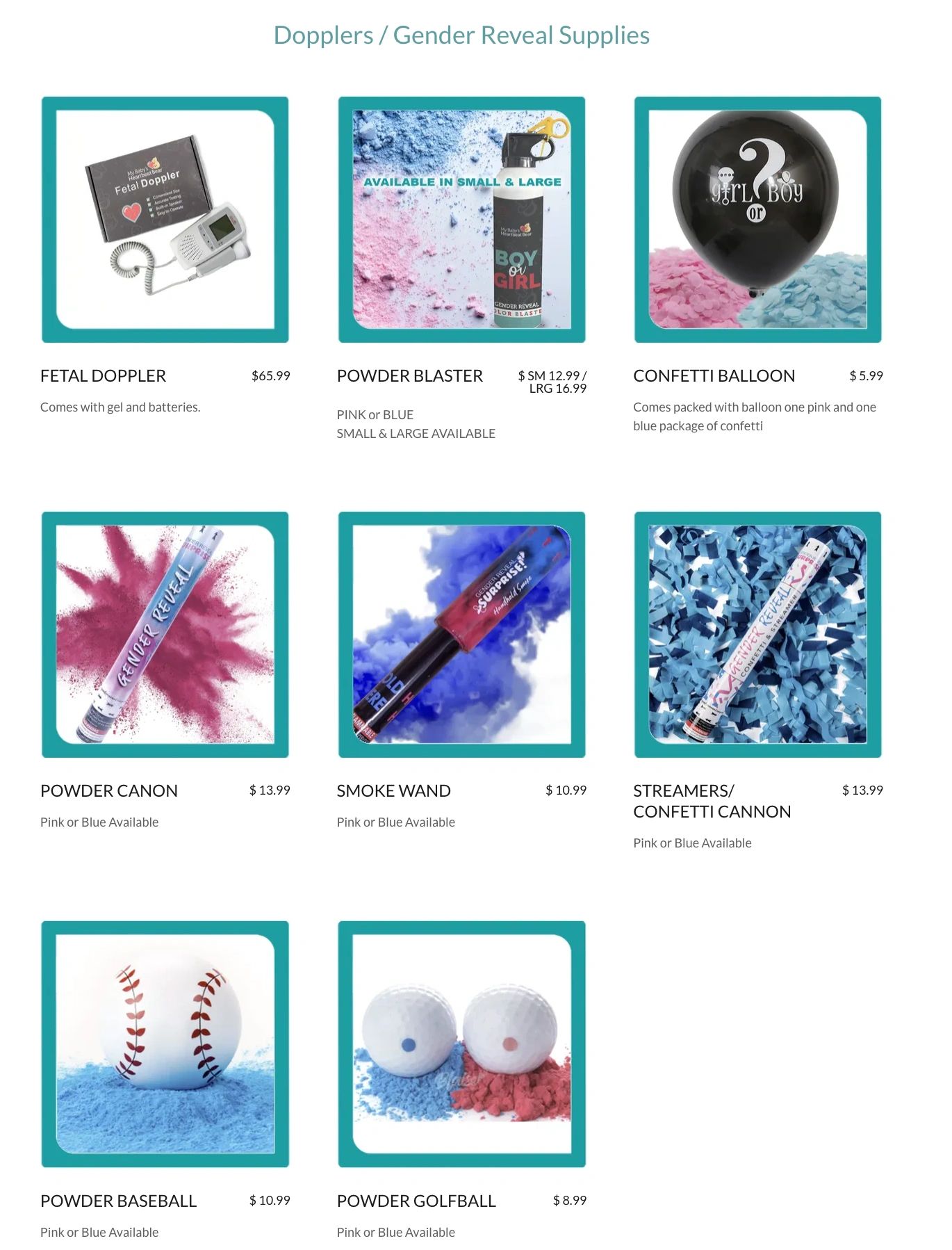 Gender reveal supplies including fetal doppler, powder blaster, confetti balloon, and more in pink or blue.