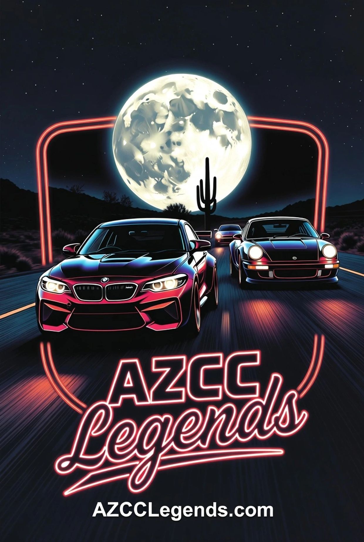 Two sports cars racing at night under a glowing full moon with neon AZCC Legends sign.
