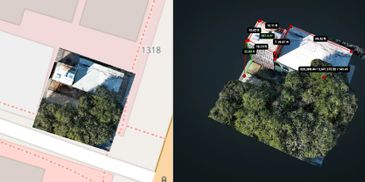 Side-by-side aerial maps showing geographic layout and detailed property boundaries with measurements.