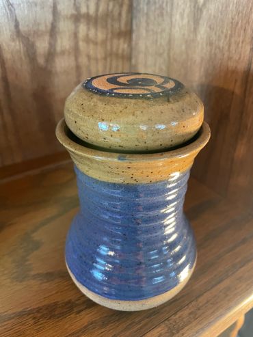 Blue and gold carafe with lid/cup