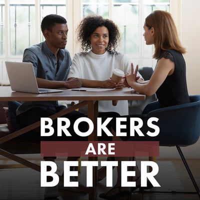 Three people discussing business with text: Brokers are better
