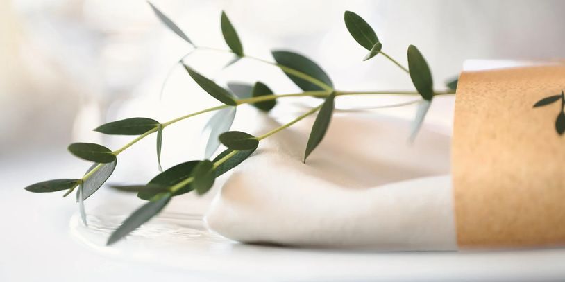 Green leafy sprig resting on a rolled white napkin with a brown napkin ring.