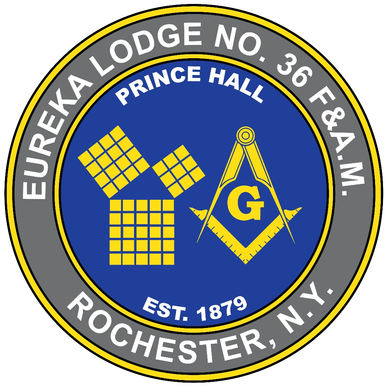 Emblem of Eureka Lodge No. 36 F&amp;A.M. from Rochester, NY, featuring Masonic symbols.
