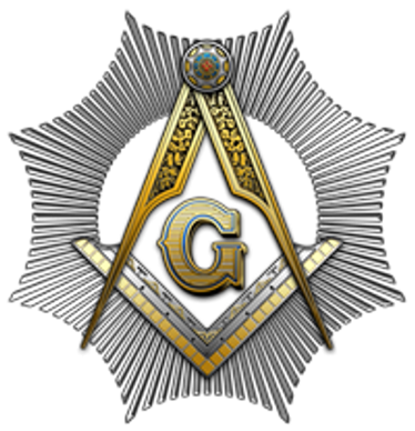 Masonic square and compass emblem with a radiant star background.