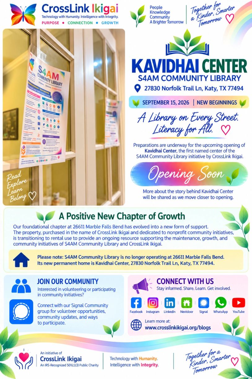 Announcement for the opening of Kavidhai Center S4AM Community Library in Katy, TX on September 15, 2026.