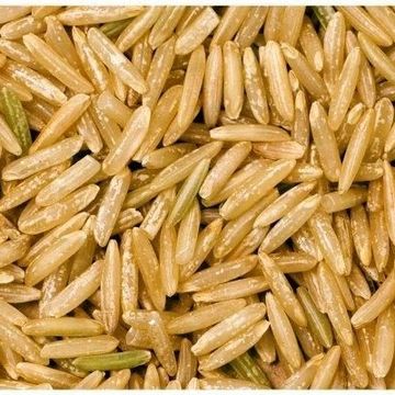 Close-up of uncooked brown rice grains.