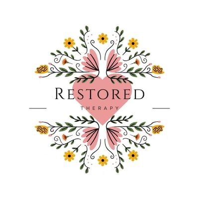 Elegant logo with floral design and a pink heart for Restored Therapy.