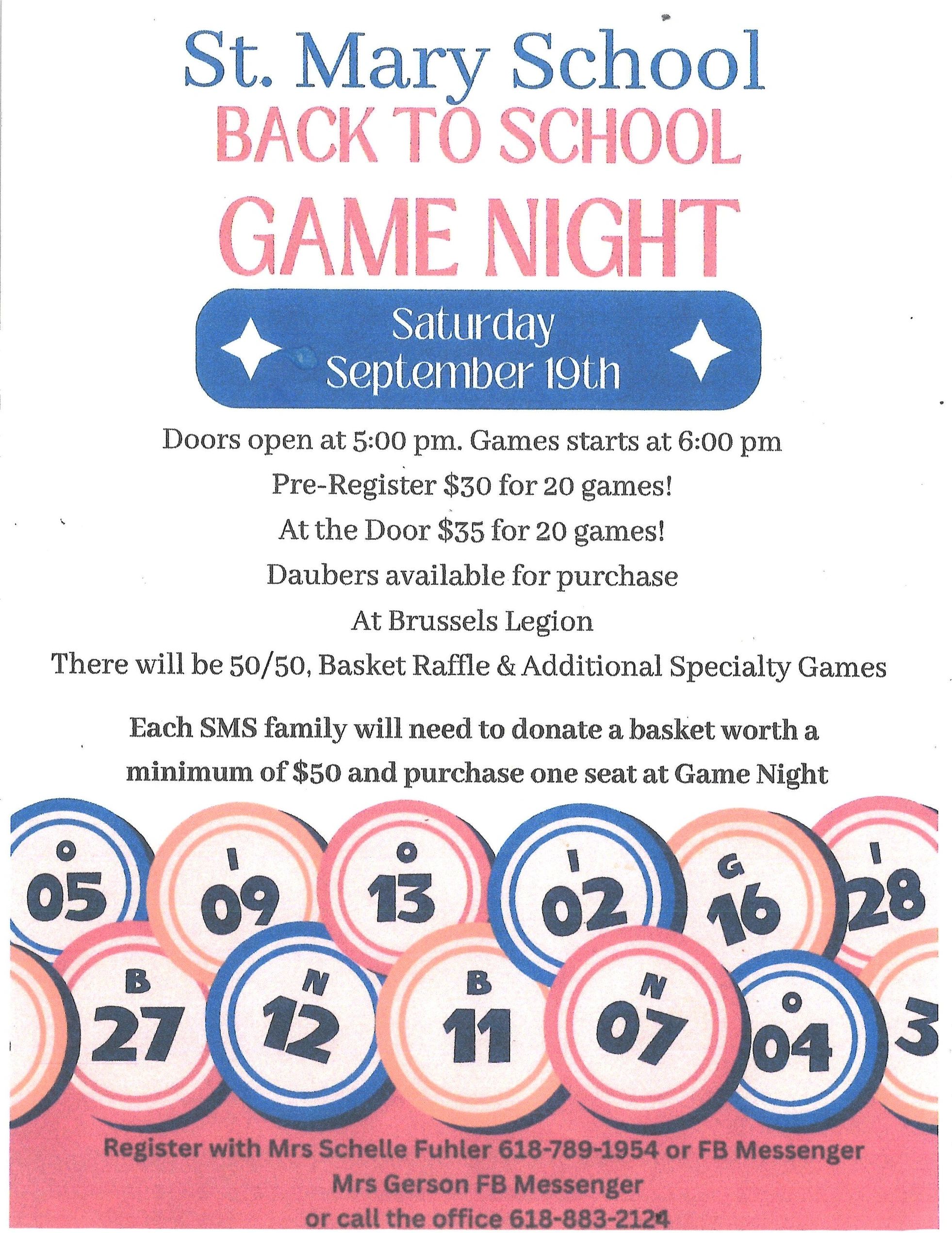 St. Mary School Back to School Game Night on September 19th.
