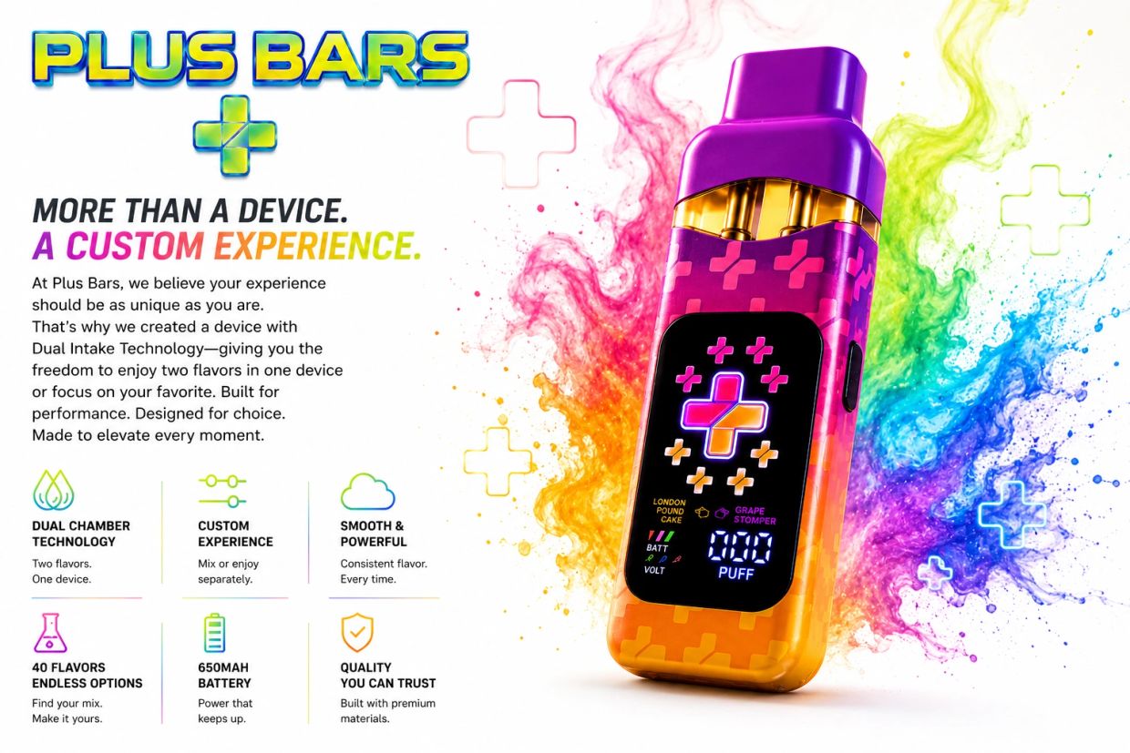 Plus Bars device with dual flavors and vibrant design for a custom vaping experience.