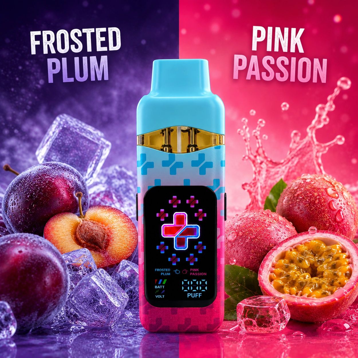 Vape device showcasing Frosted Plum and Pink Passion flavors with fruit and ice visuals.