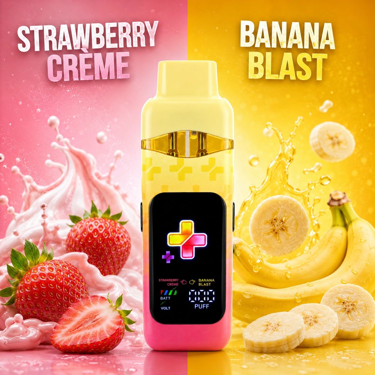 Vibrant vape device with strawberry creme and banana blast flavors.