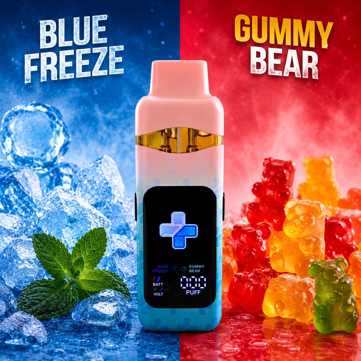 Vape device with Blue Freeze and Gummy Bear flavors, surrounded by ice and gummy bears.