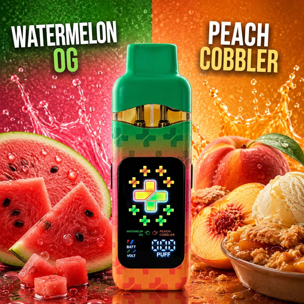 Vape device featuring watermelon OG and peach cobbler flavors with vibrant fruit backgrounds.
