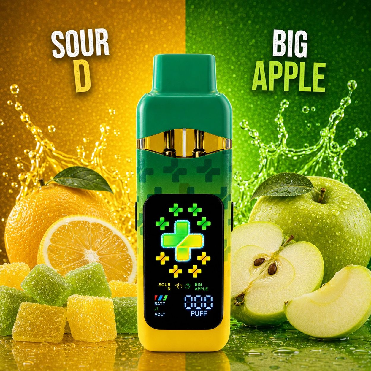 Colorful vape device with sour D and big apple flavors, surrounded by citrus and green apple slices.