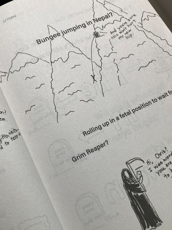 Cartoon sketches with captions about bungee jumping and the Grim Reaper.