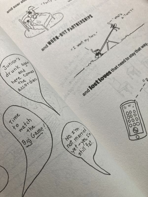 Comic strip with humorous speech bubbles and simple sketches.