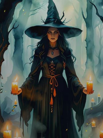 A witch in a dark forest holds glowing candles, surrounded by mist and eerie trees.