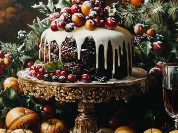 Festive fruitcake with white icing and berries on an ornate gold stand.