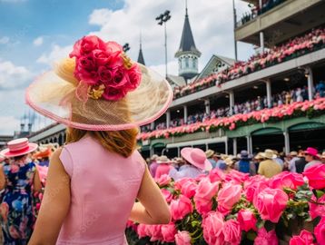 Woman in a pink dress and floral hat at a horse racing event.