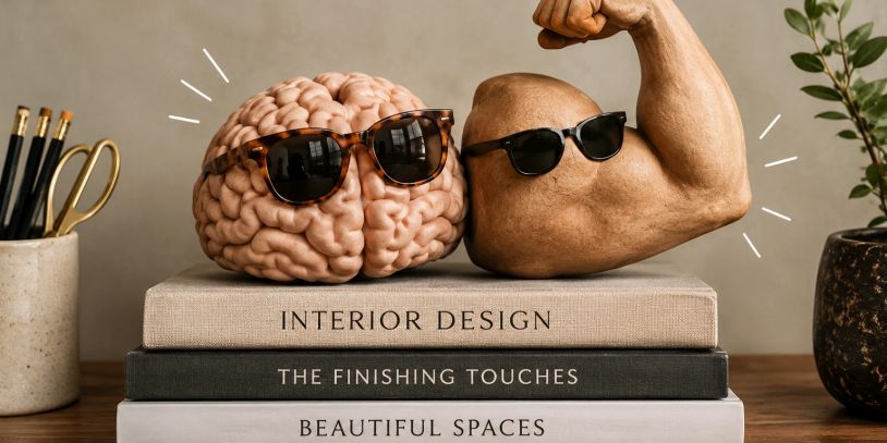 Brain and muscle with sunglasses on books.