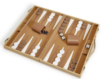 Open backgammon board with pieces and dice set.