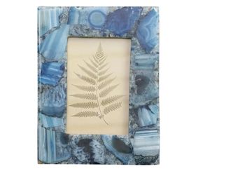 Photo frame with blue agate stone design and fern illustration.