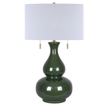 Green ceramic table lamp with white shade.