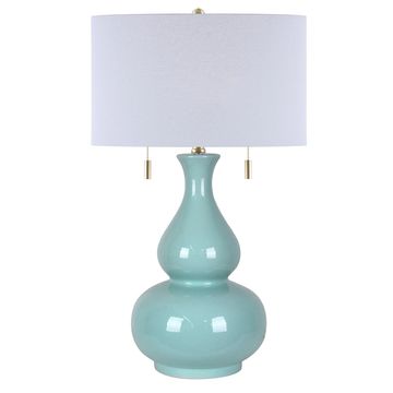 Light blue ceramic lamp with white shade.